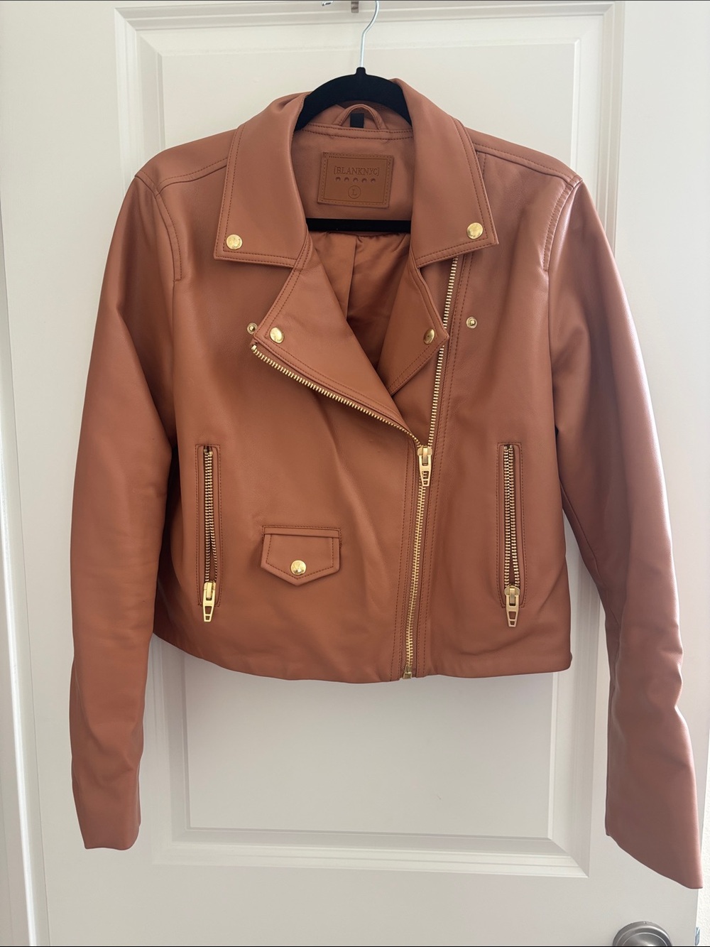 Blank NYC Cognac Leather Moto Jacket with Gold Hardware